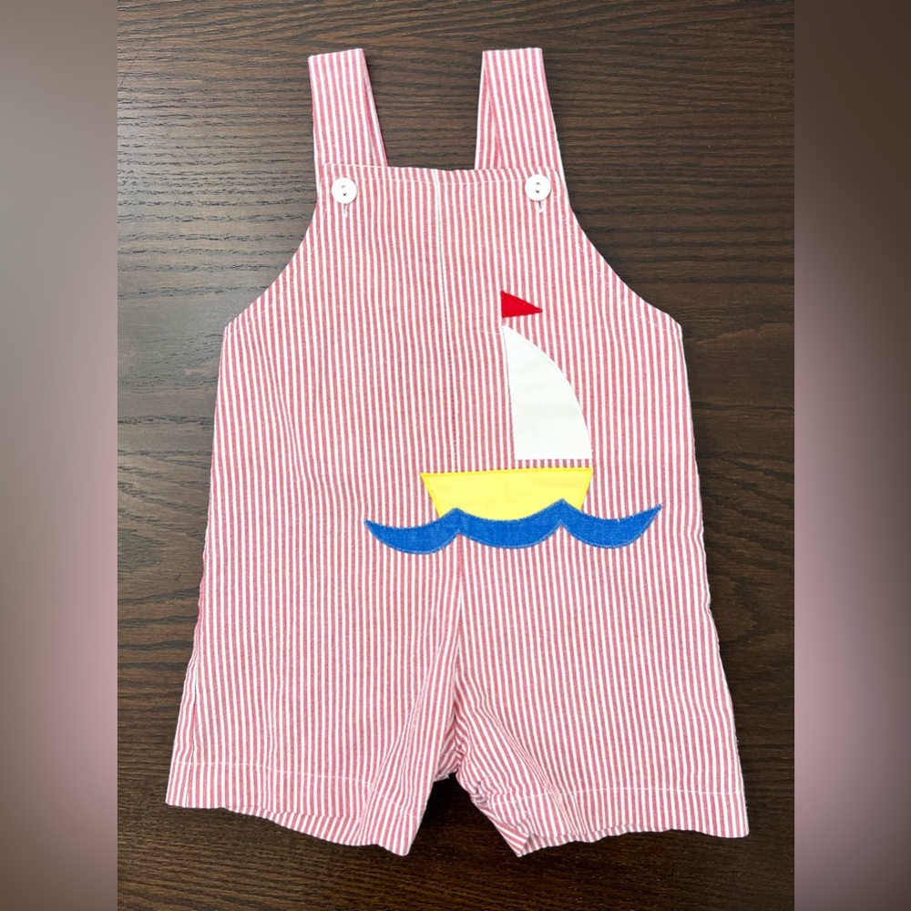 Striped Red Boys Jon Jon with Sailboat Appliqué